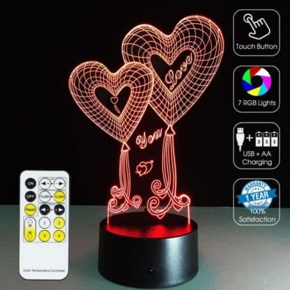 3D Led Optical Illusion Lamp - Valentine Hearts