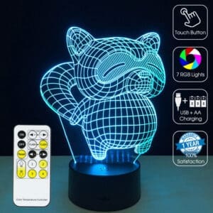 3D Led Optical Illusion Lamp - Cute Kawaii Raccoon Bear